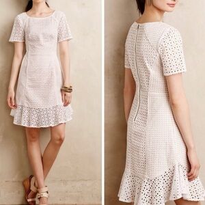 HD In Paris Anthropologie Sz 4 Dress White Eyelet With Nude Lining Ruffle Zip